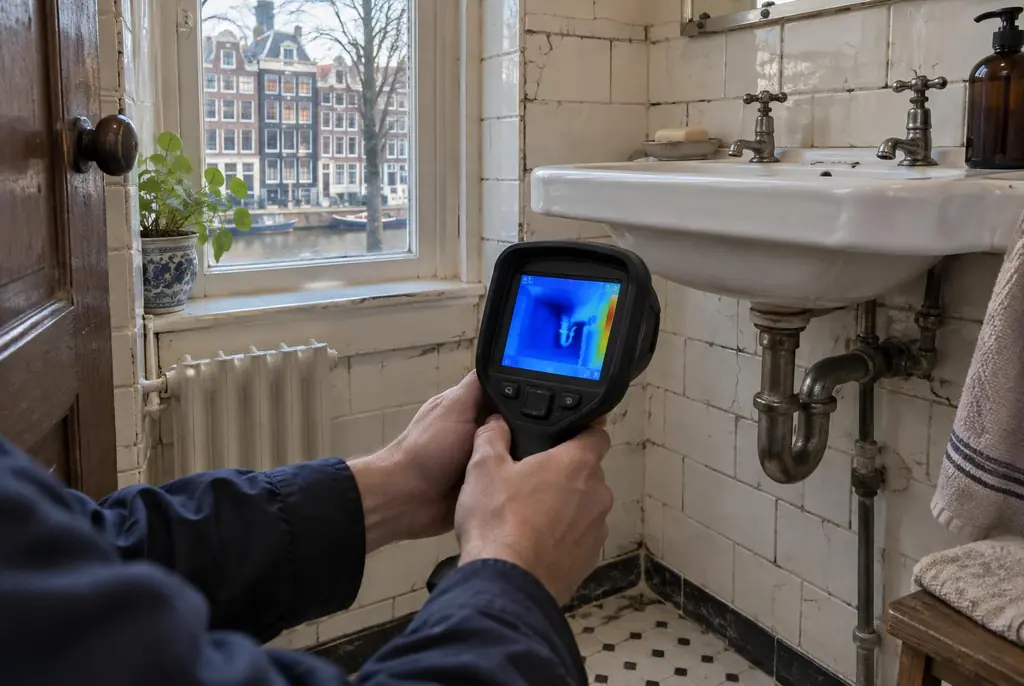 Lekdetectie Haarlem – badkamer met oude leidingen achter de tegels