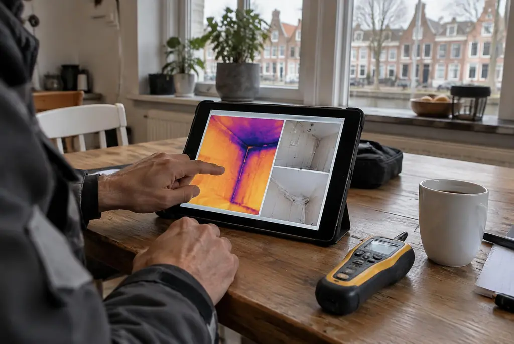 Lekdetectie Haarlem – lekdetectierapport met warmtebeelden en foto's op een tablet