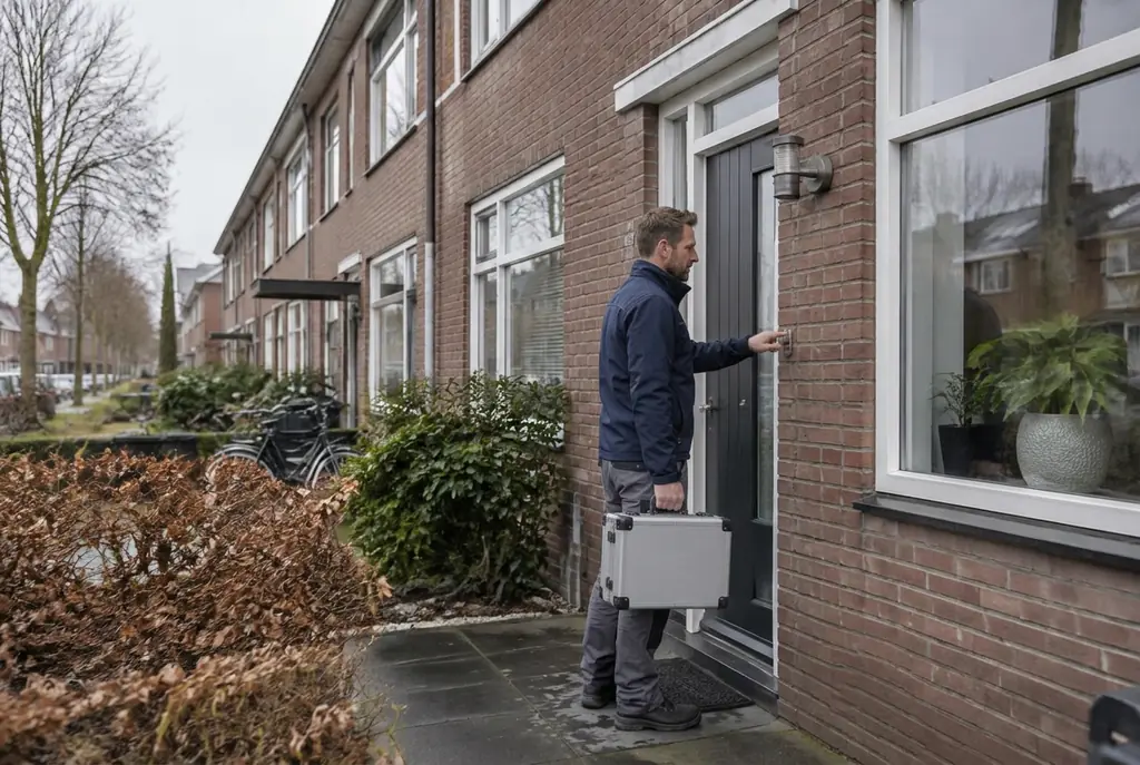 Lekdetectiespecialist met meetkoffer bij de voordeur van een woning in Haarlem